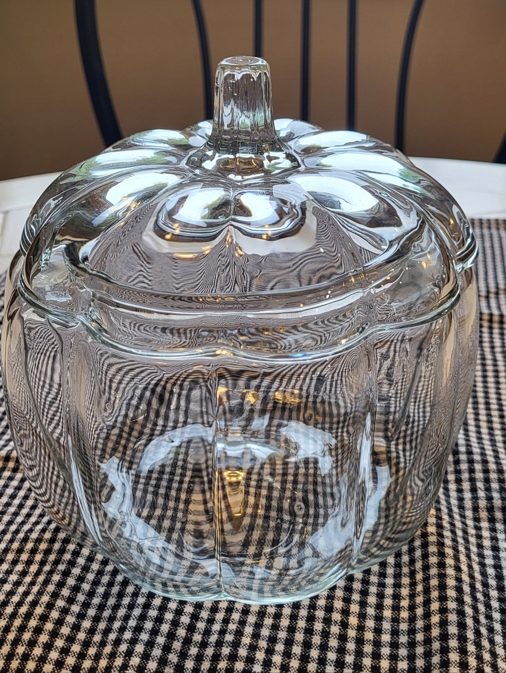 Vintage Anchor Hocking Clear Glass Pumpkin Jar w/ Lid 8" Fall Halloween Candy